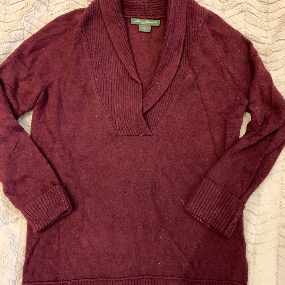 Eddie Bauer- burgundy long sleeve cowl v-neck sweater, soft, cozy